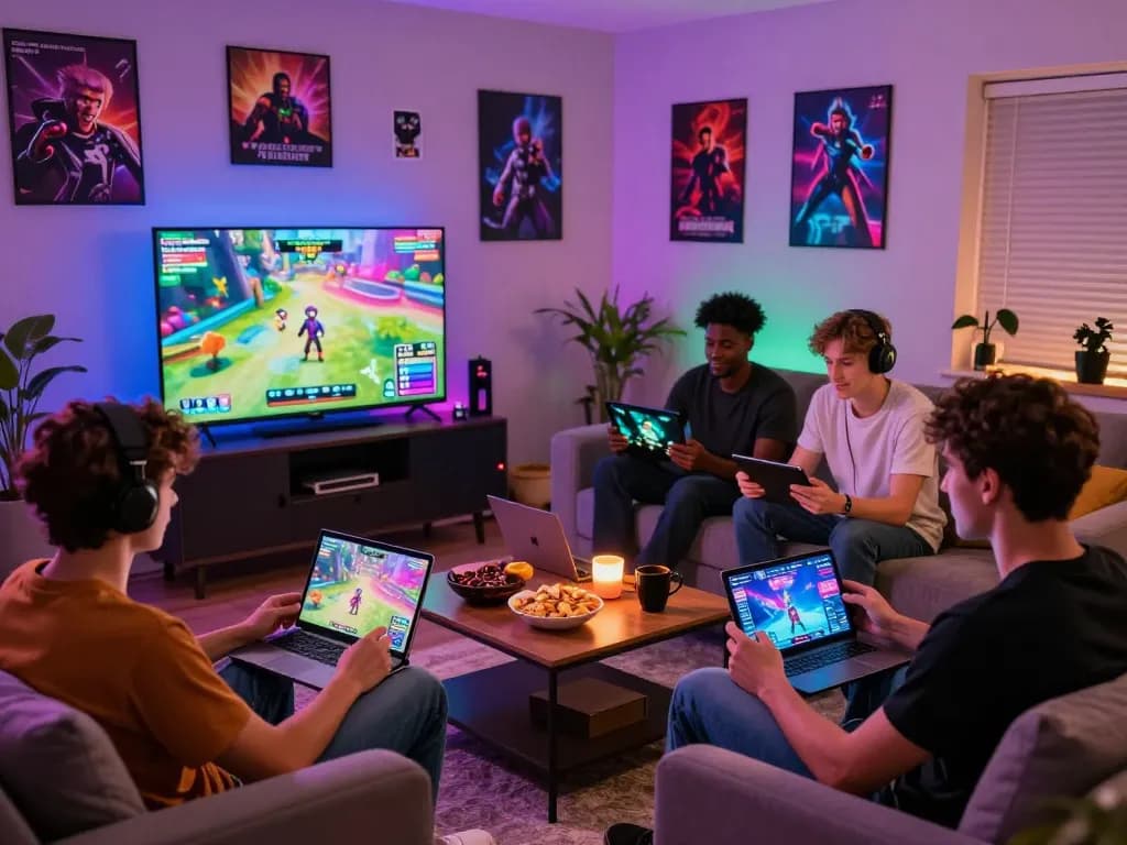 Friends enjoying gay porn games on devices in a cozy living room environment.