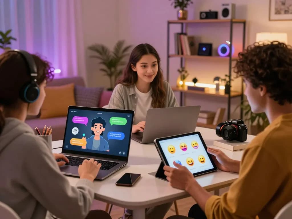 Engaging 18+ AI chat scene showcasing diverse users interacting with lifelike avatars in a modern digital environment.