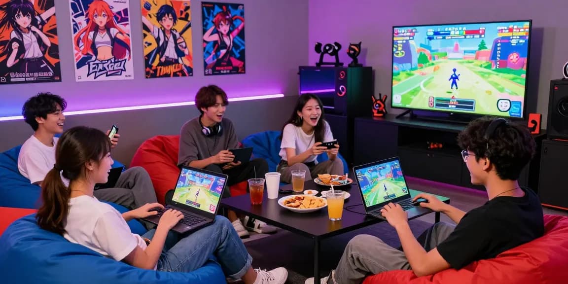 Group enjoying an ecchi game in a lively gaming lounge with colorful anime decor and interactive devices.
