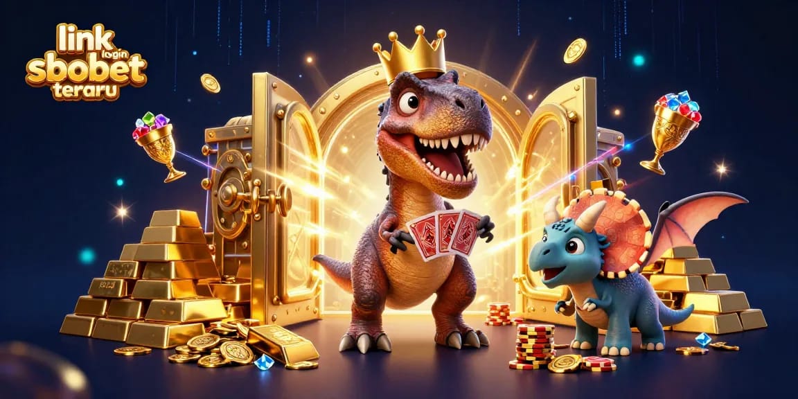 Experience excitement with link login sbobet terbaru featuring cartoon dinosaurs in a vibrant casino setting.