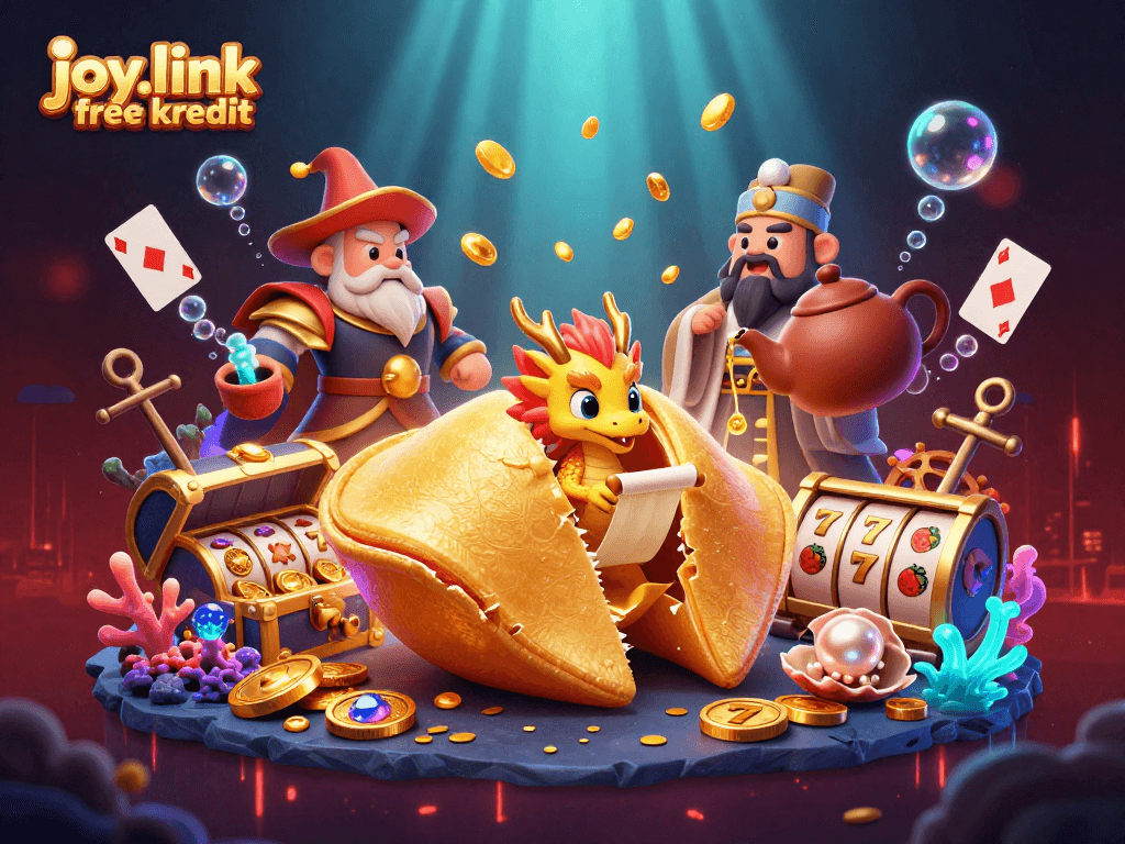Experience joy.link free kredit with a vibrant casino-themed scene featuring gold coins and slot reels