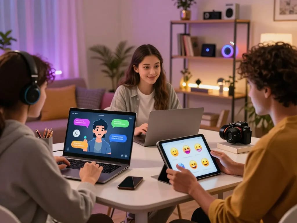 Engaging 18+ AI chat scene showcasing diverse users interacting with lifelike avatars in a modern digital environment.