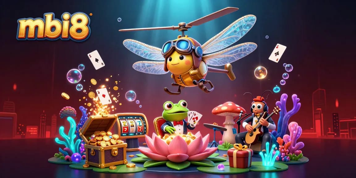 Experience thrilling casino action at mbi8 with a dragonfly pilot and frog dealer in a vibrant underwater scene.