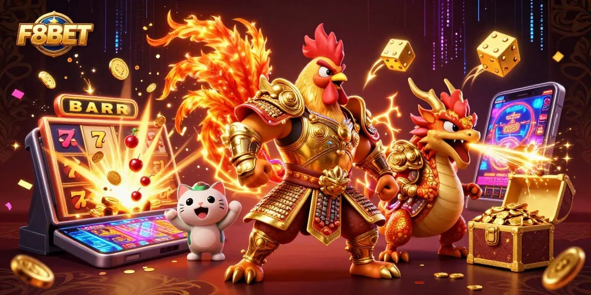 Experience thrilling wins at F8BET with dynamic gameplay illustrated through a vibrant casino scene.
