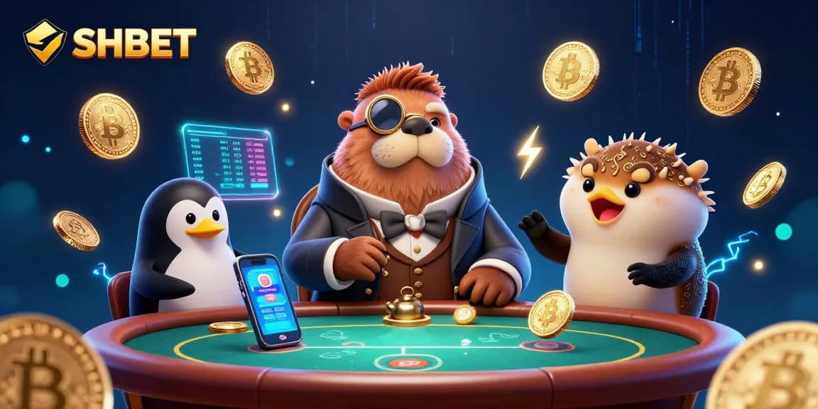 Experience SHBET's thrilling underwater poker game with vibrant cartoon characters and crypto elements.