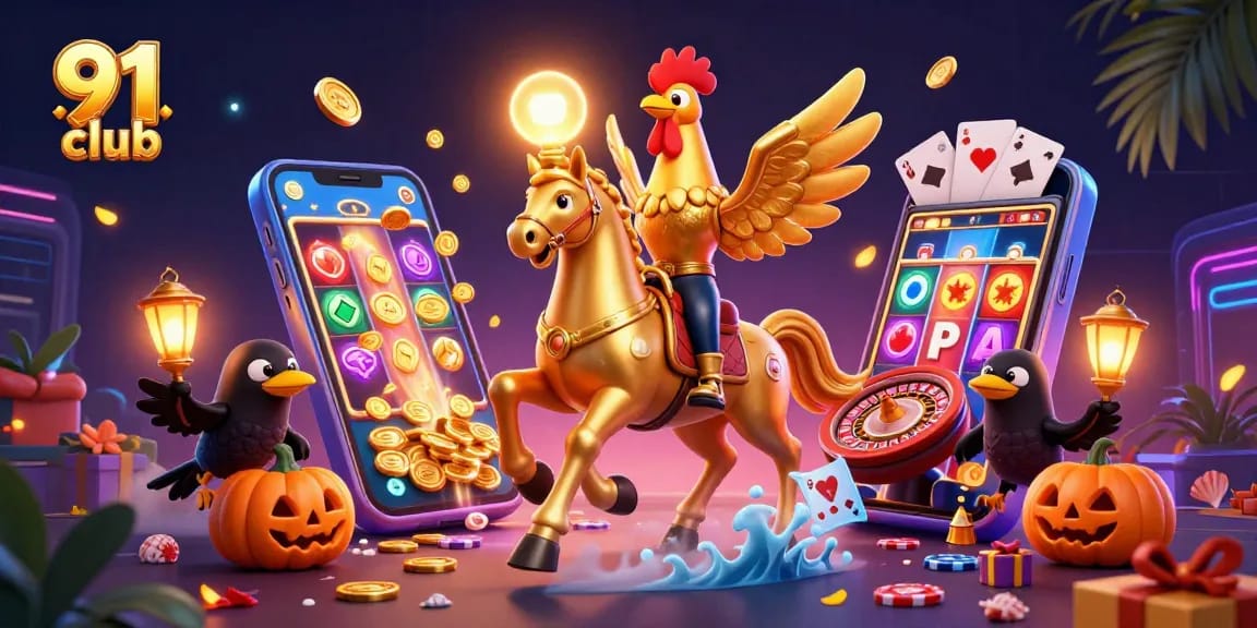 Engage in thrilling gaming action at 91 club, featuring vibrant slot machines and festive 3D characters.