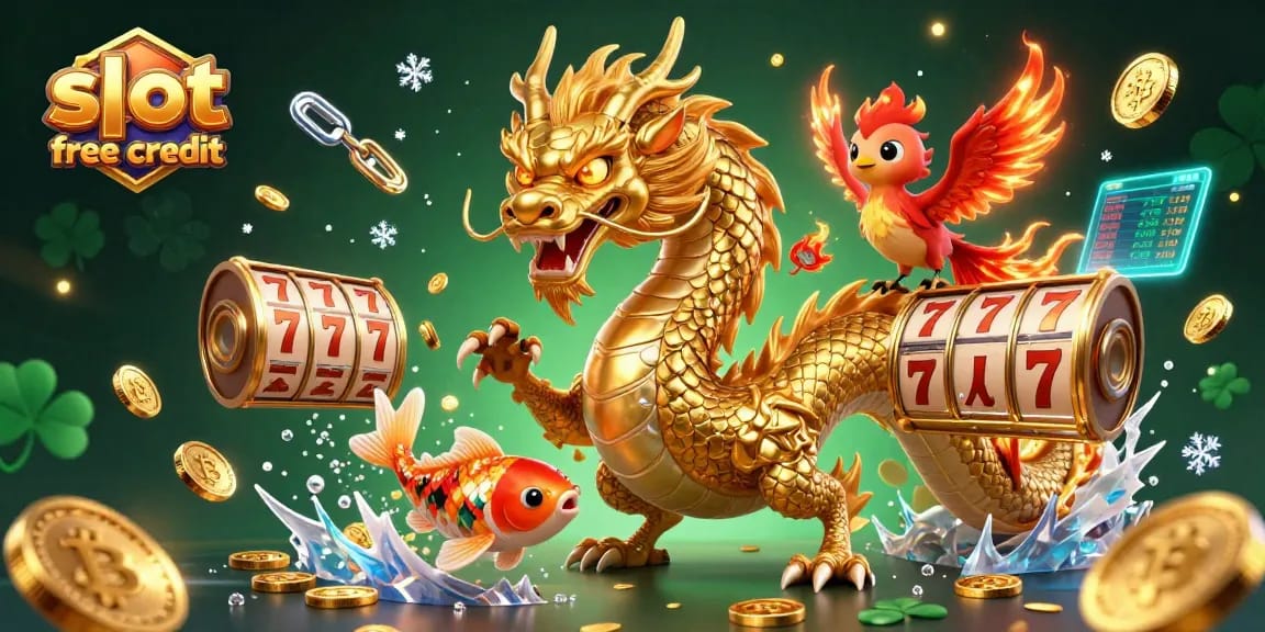 Experience thrilling gameplay with slot free credit while a dragon and phoenix showcase dynamic energy in a casino setting.