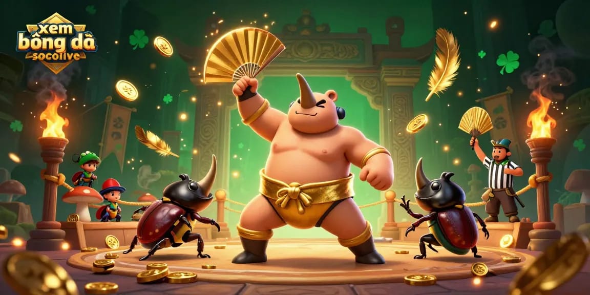 Experience xem bóng đá socolive, a dynamic 3D scene featuring a rhinoceros beetle champion amidst golden coins and vibrant gambling elements.