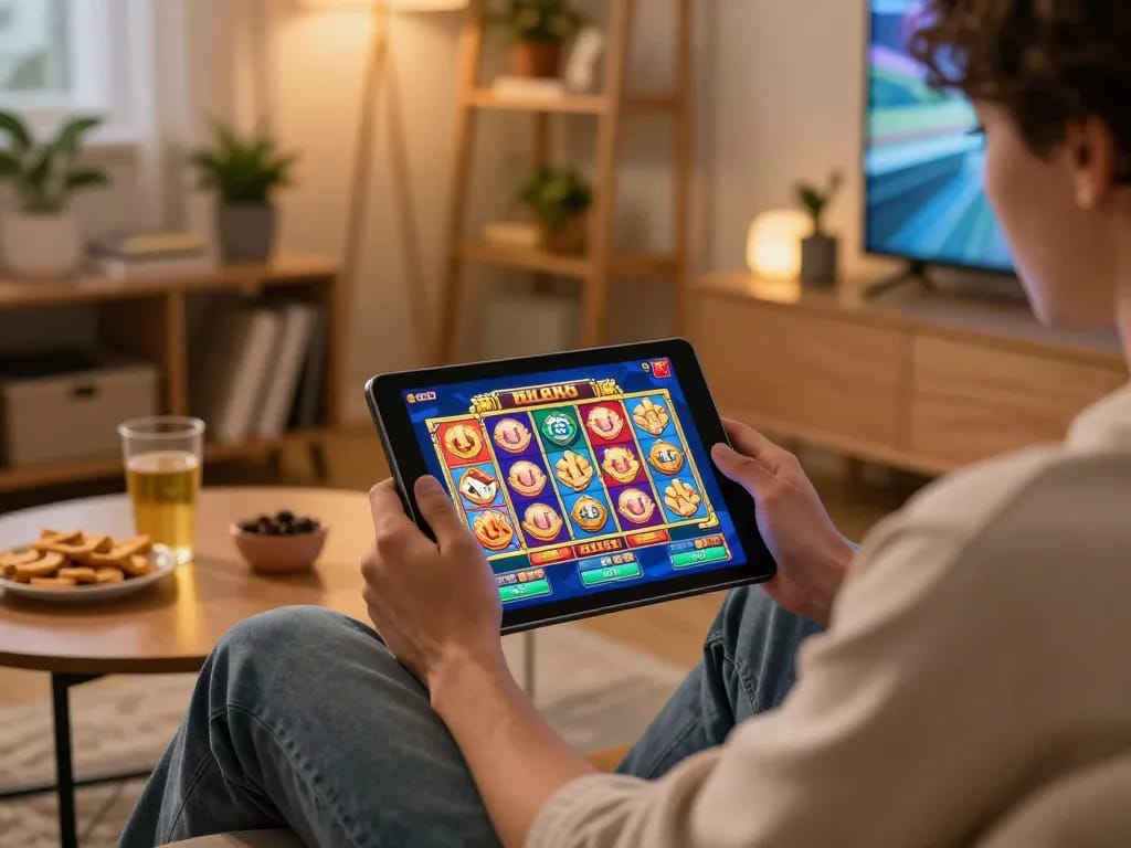 Engaging gameplay in m88 slot amid cozy home setting with colorful graphics on tablet.