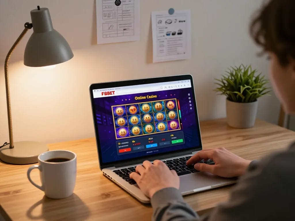 Engaging online gaming experience on F8BET's platform with vibrant slot games on laptop.