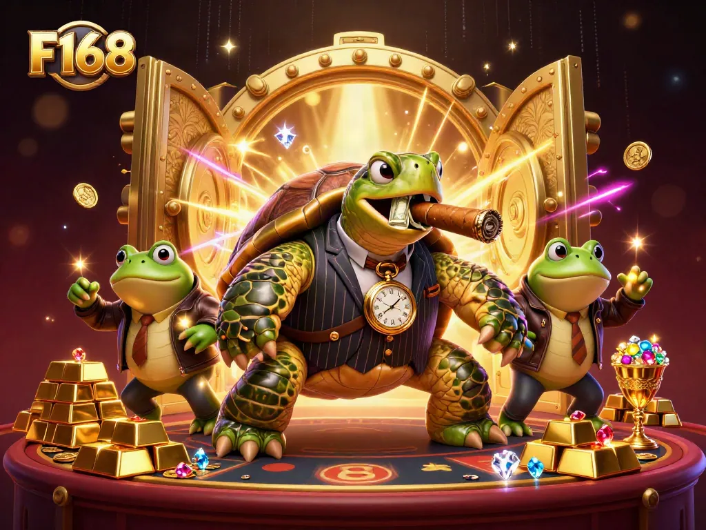 Experience F168's vibrant casino atmosphere with turtle mobster and bullfrog enforcers.