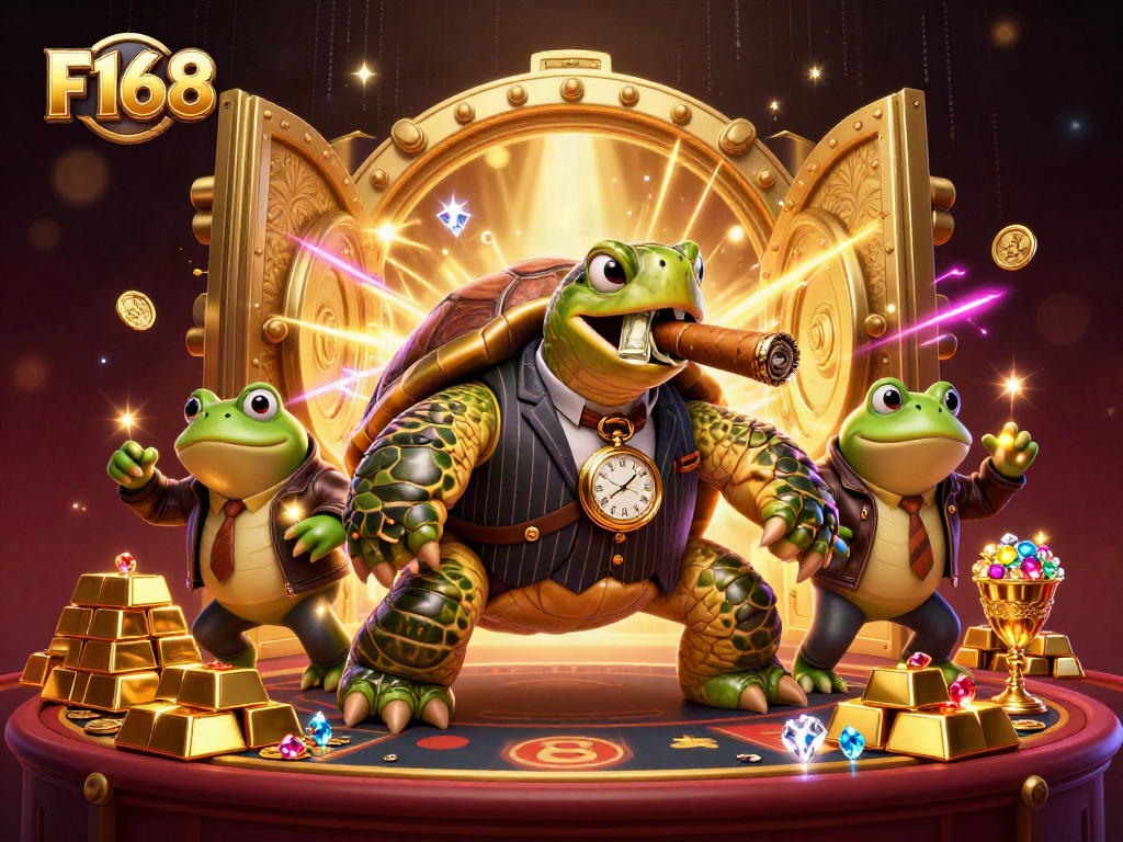 Experience F168's vibrant casino atmosphere with turtle mobster and bullfrog enforcers.