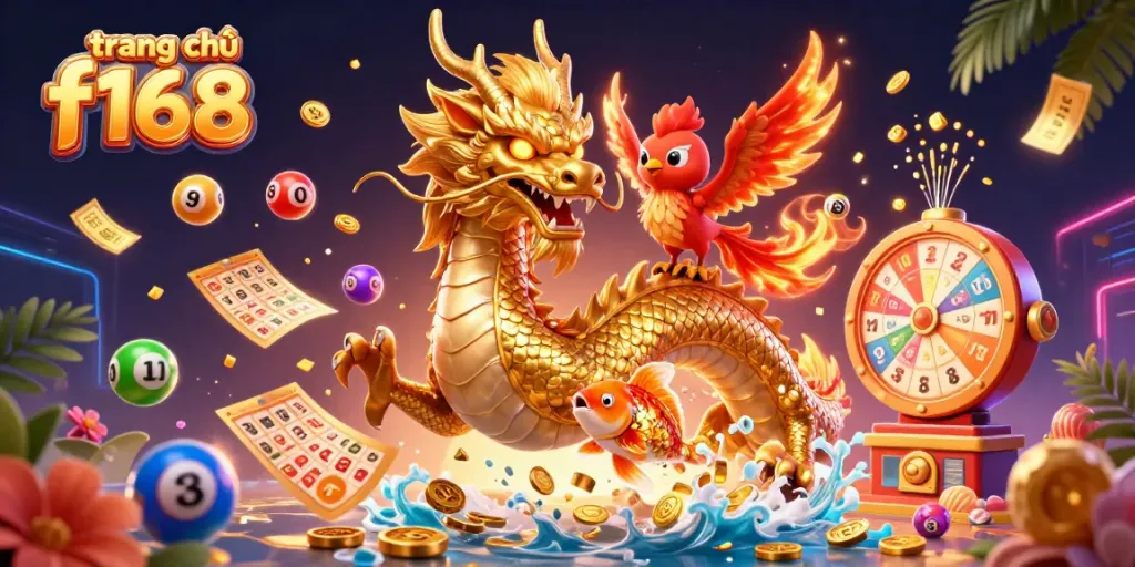 Engage with the high-energy gaming world of trang chủ f168 featuring a majestic dragon and phoenix.