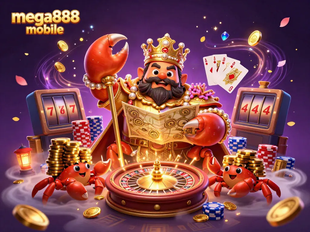 Experience excitement with mega888 mobile, featuring a golden crab emperor and vibrant casino elements.