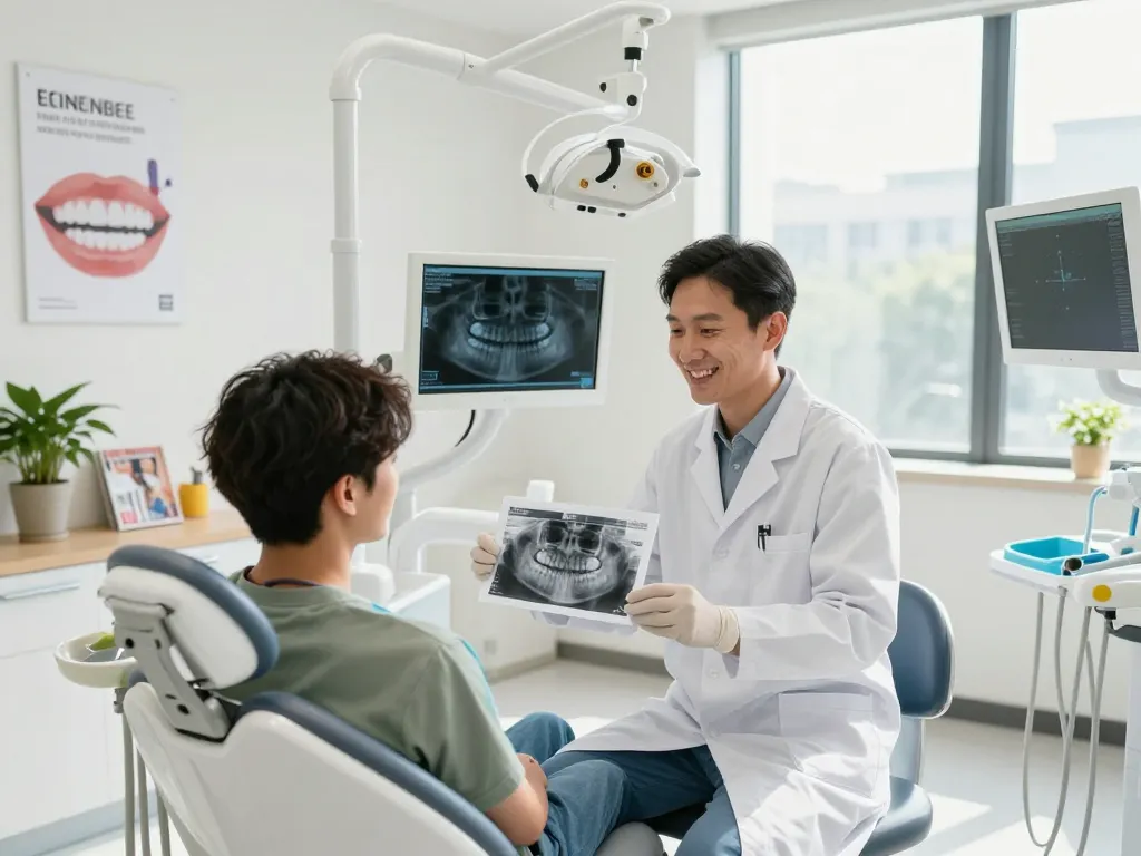 Friendly dentist near me consulting with a patient in a bright, modern dental office.
