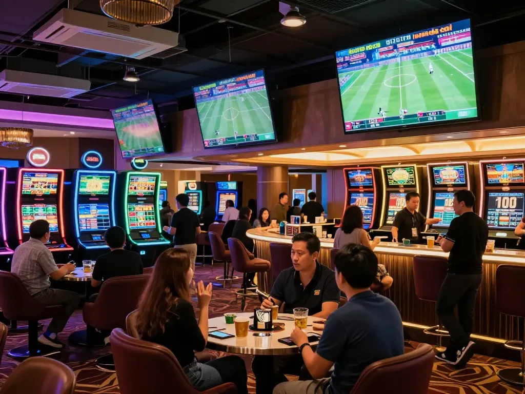 Engaged sports bettors interacting with "keo nha cai" screens in an upscale casino.