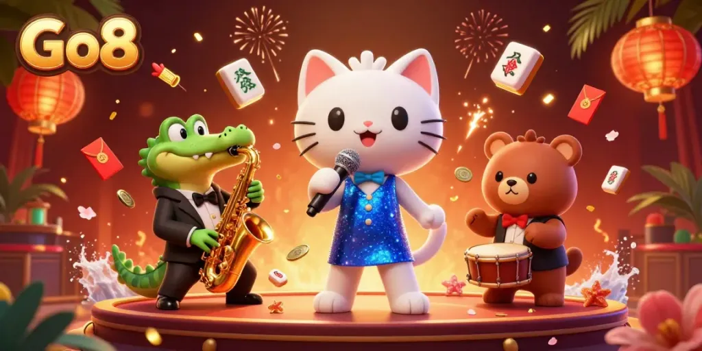 Go8 themed digital illustration showcasing a jazz-singer cat, saxophone crocodile, and drum bear in a vibrant casino stage