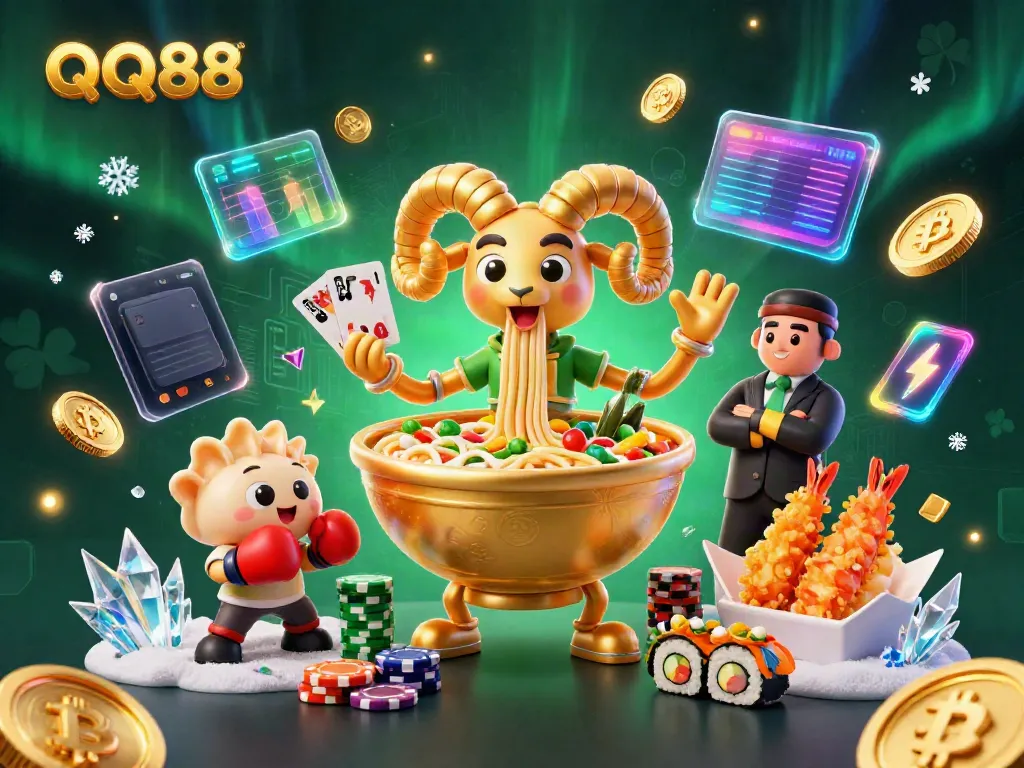 Experience thrilling gameplay at QQ88 with vibrant casino-themed characters and crypto elements.