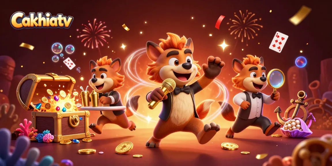 Cakhiatv features a lively 3D cartoon hyena casino scene with vibrant characters and dynamic elements.