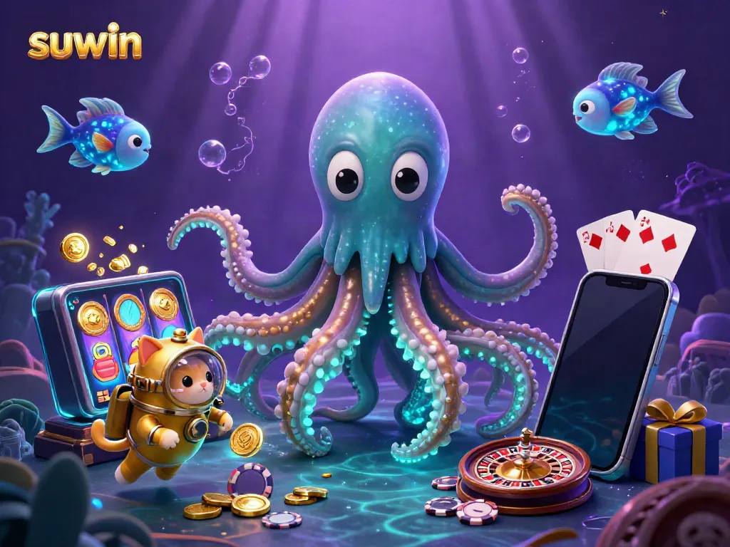 Suwin players enjoy gaming excitement with a colossal kraken, diving cat, and underwater wonders in a vibrant scene.