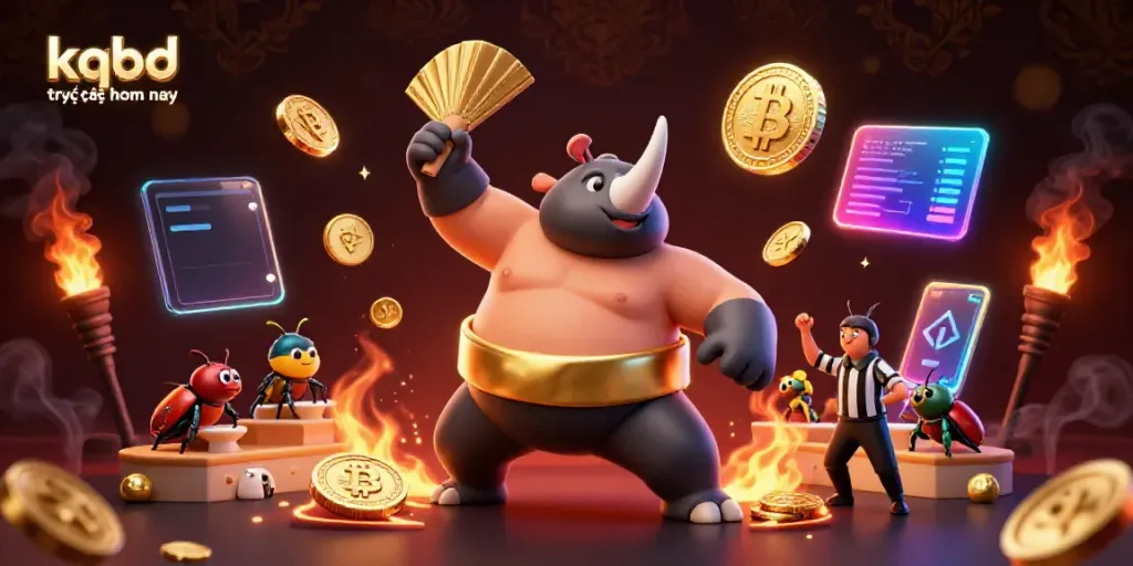 Watch the kqbd trực tiếp hôm nay as a sumo beetle champion sends gold coins flying in a vibrant scene.
