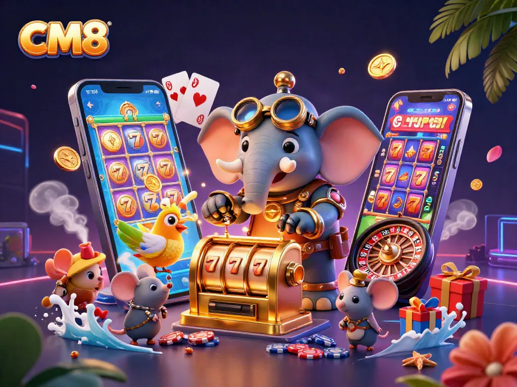 Experience exciting moments at CM8 with a cartoon elephant engineer operating a vibrant slot machine.