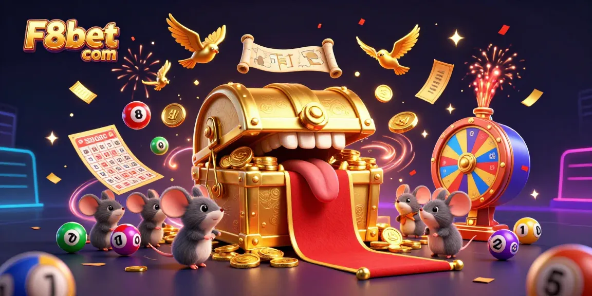 Experience vibrant gaming excitement with F8bet com's cartoon treasure chest and lively lottery elements
