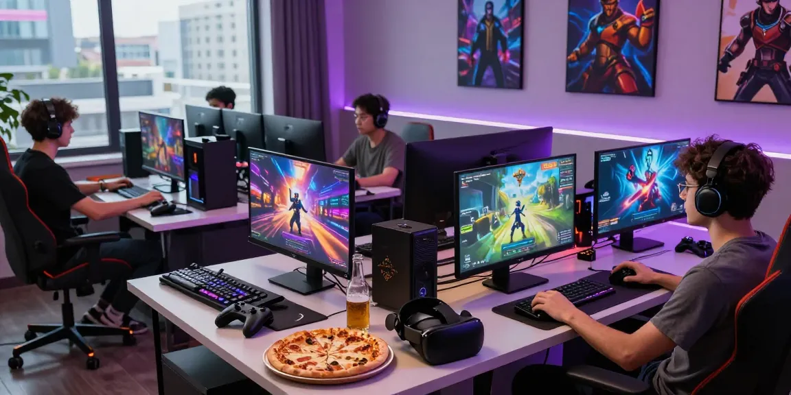 Engaged gamers in a modern setup enjoying diverse adult games, play porn games with friends on multiple screens.
