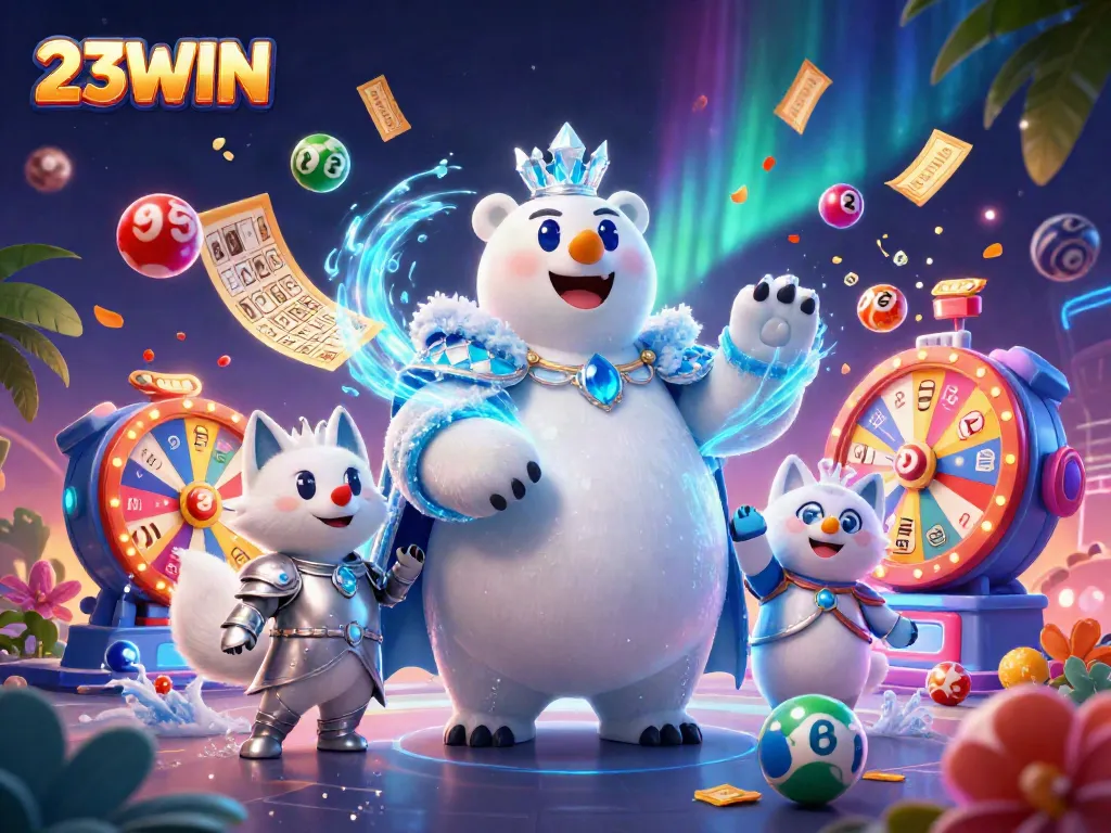 Experience the vibrant world of 23WIN with an illustration of a cartoon ice king and snow fox in a dynamic casino-themed scene.
