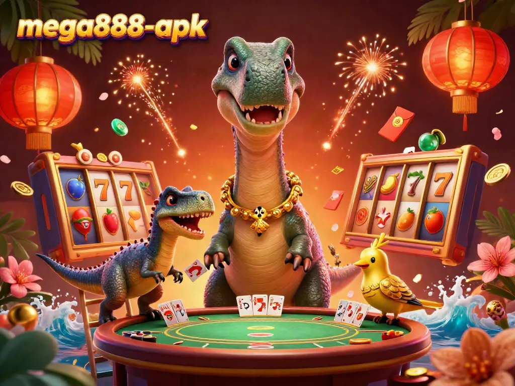 Engage with mega888-apk through an exciting casino-themed illustration featuring a giant cartoon dinosaur and gambling elements.