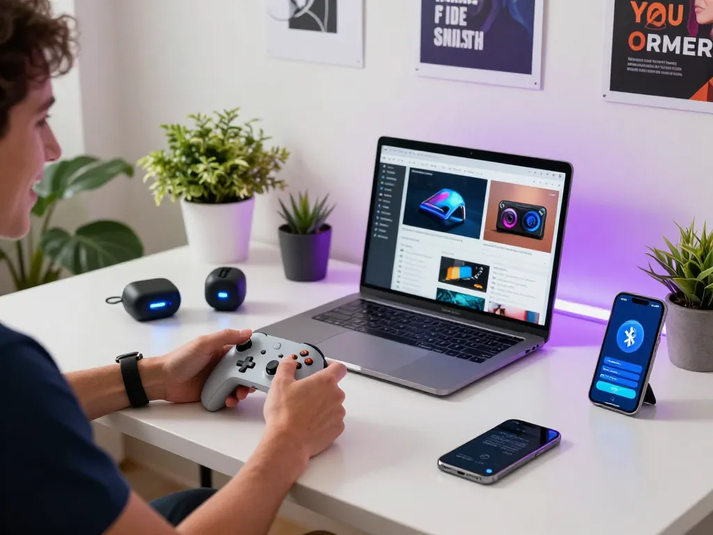 Explore cool tech gadgets under $153 like Bluetooth controllers and smart watches in a modern workspace.