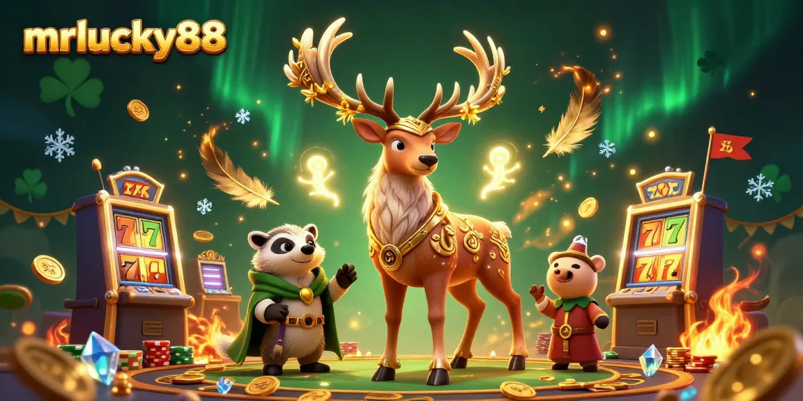 Play popular slot games with mrlucky88 accompanied by whimsical characters in an enchanting casino scene.