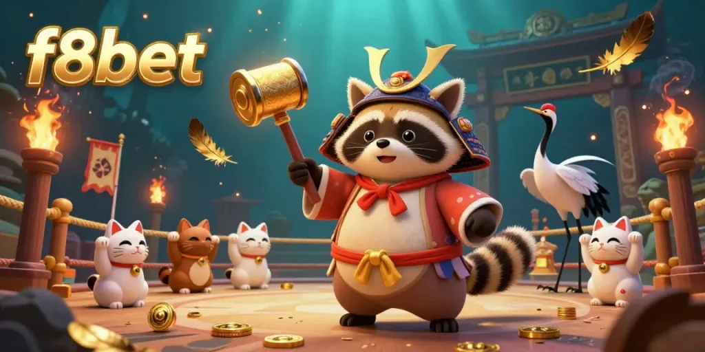 Experience winning thrills at f8bet with vibrant 3D characters and dynamic casino elements in an energetic illustration.