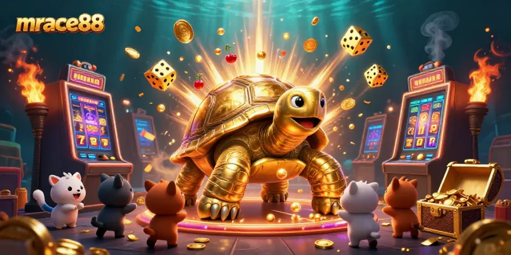 Experience the excitement of gaming at mrace88 with a stunning jackpot illustration filled with vibrant, animated elements.
