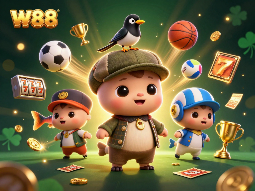 Engage with W88 online gaming featuring Nessie, sports balls, and vibrant casino elements.