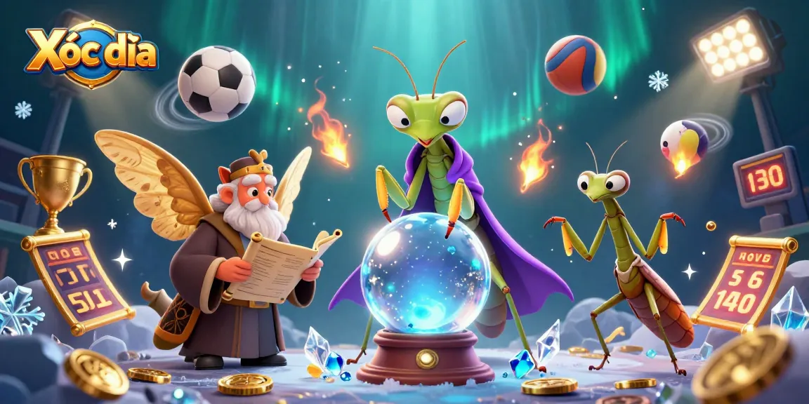 Xóc đĩa gaming illustration featuring mystical fortune teller, moth librarian, and dynamic sports elements.