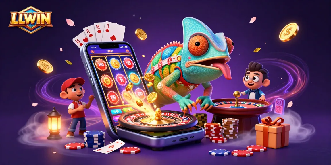 Experience thrilling games at LLWIN with a colorful scene featuring a chameleon casino owner grabbing golden coins.