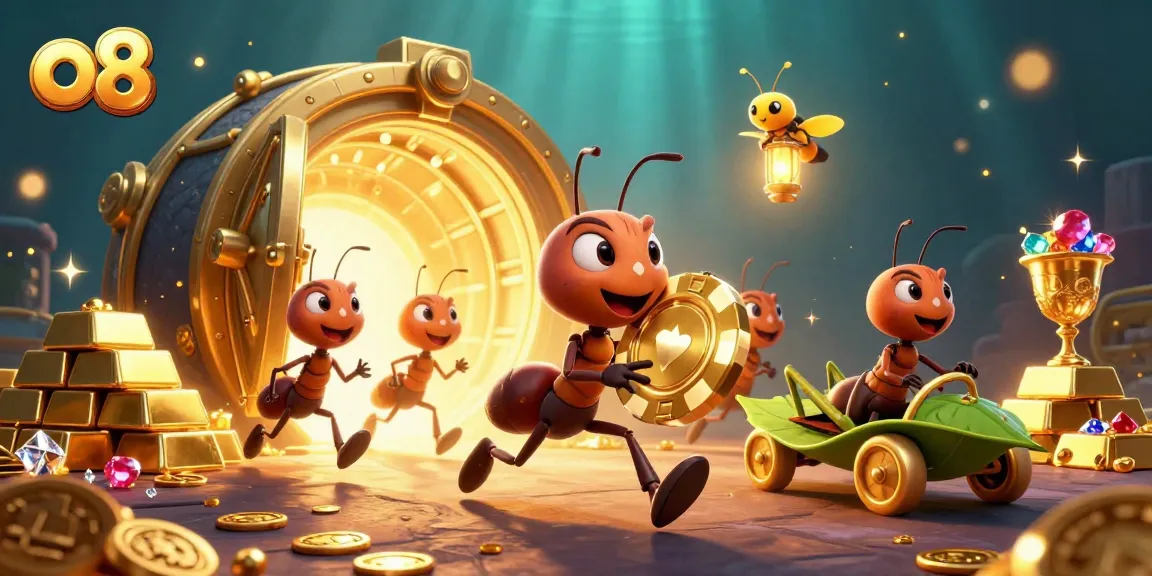 Enjoy the thrilling heist in o8 as ants carry a giant poker chip amidst sparkling treasures.