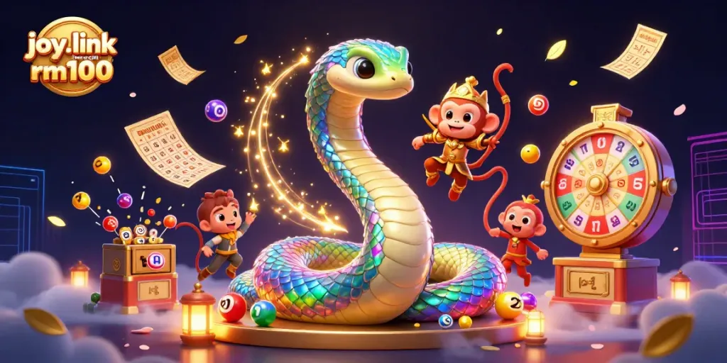 Engage with joy.link free credit rm100 offerings in a vibrant 3D casino illustration with dynamic lottery elements.
