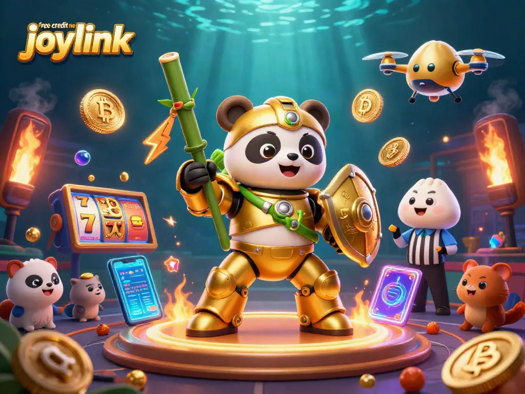 Engage with free credit no deposit joylink through a colorful casino scene featuring a mech-suit panda.