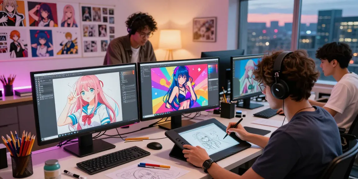 Artists collaborating in a vibrant digital studio creating ai ecchi anime characters with colorful designs and creative tools.