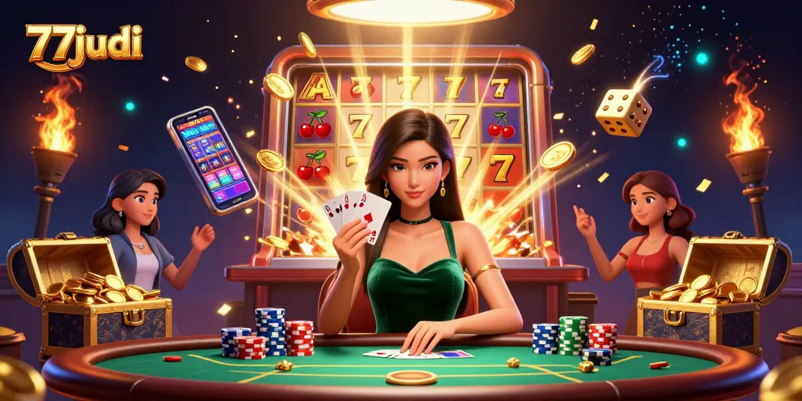 Join the excitement at 77judi with a stunning poker scene showcasing jackpot thrills and engaging gameplay.