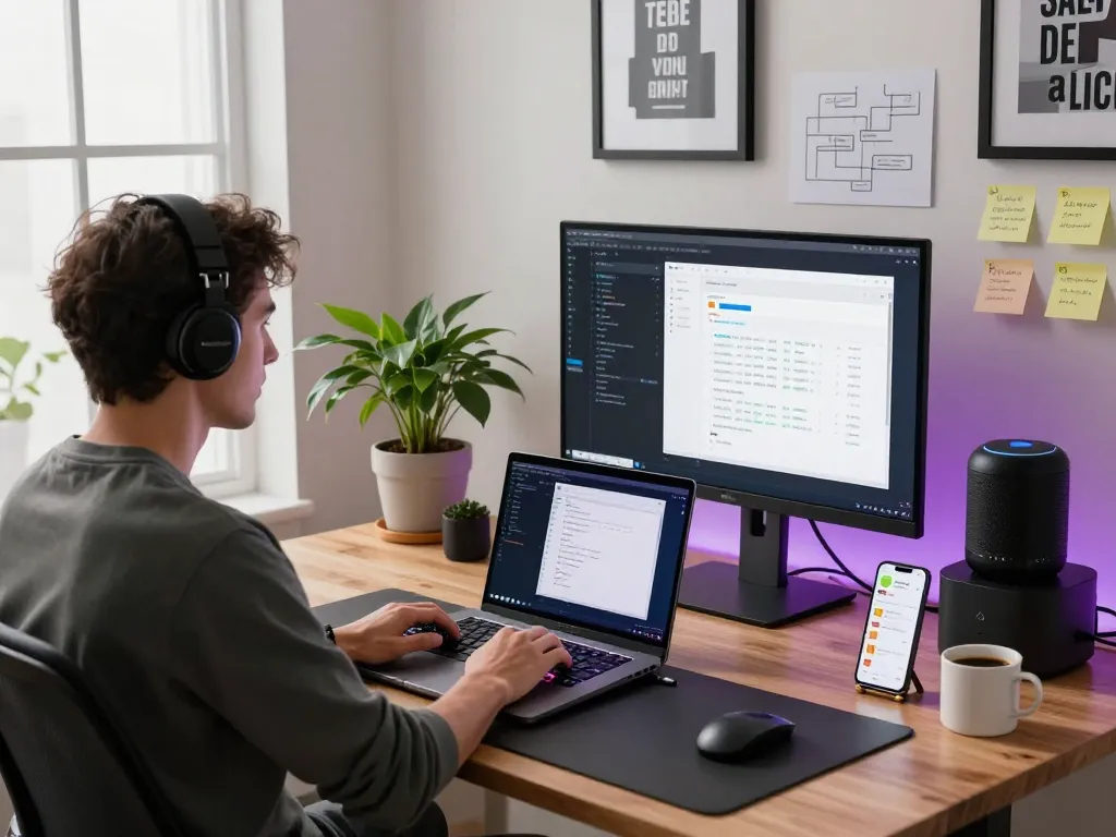 Developer using Clawdbot macOS interface in a modern home office workspace