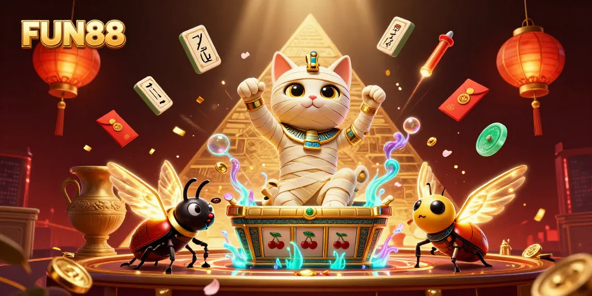 Enjoy slots and jackpots with FUN88 in an exciting 3D illustrated casino scene featuring a mummy and scarab.