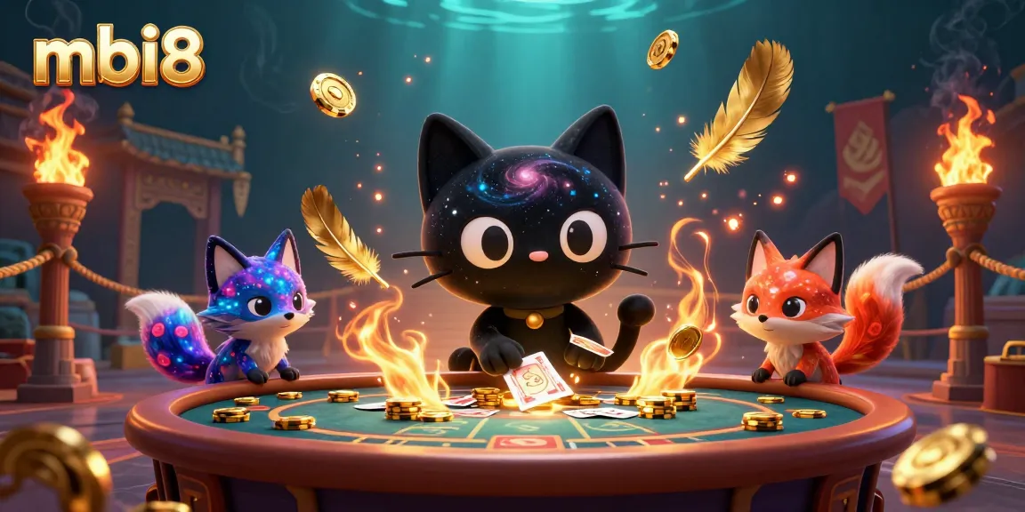 Experience thrilling wins with mbi8 at a captivating cosmic casino, featuring a black hole cat and a nebula fox.