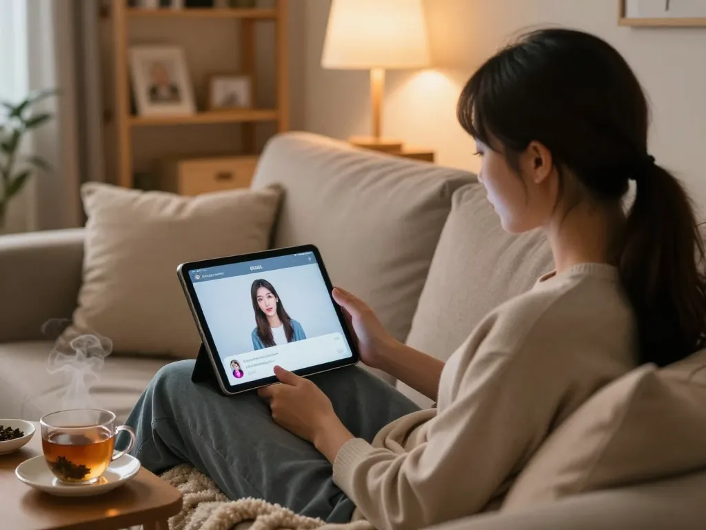 User engaging in an ai sex chat with a virtual chatbot on a tablet in a cozy living room setting.