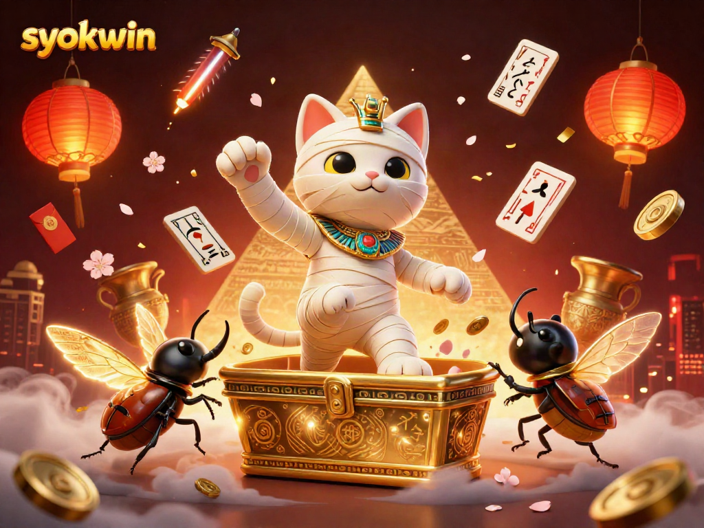 Syokwin virtual gaming scene showcasing a cartoon mummy cat and mythical elements in a casino.