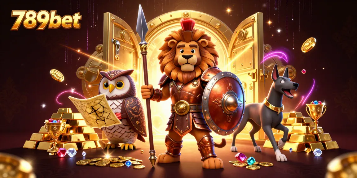 Engage in thrilling 789bet gaming with a captivating 3D scene of a Spartan lion, owl strategist, and greyhound messenger.