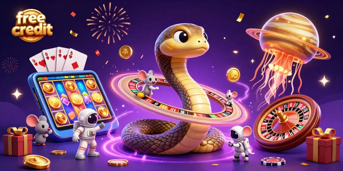 Bet on free credit in a vivid 3D scene with snake roulette, astronaut mice, and jellyfish dealer.