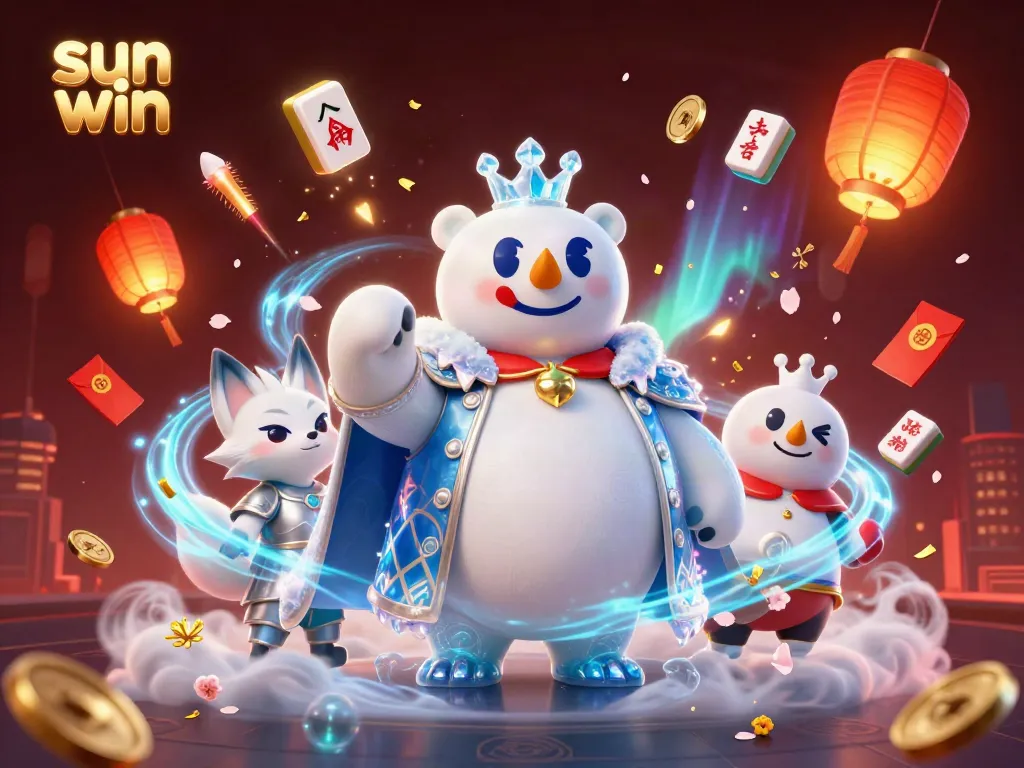 Experience the excitement of gambling with sun win as the ice king bear and fox compete amidst festive elements and golden treasures.